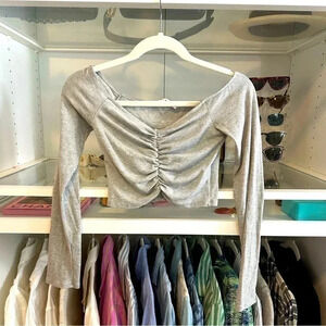 Blue blush XS crop top long sleeve grey ribbed ballet yoga NWOT